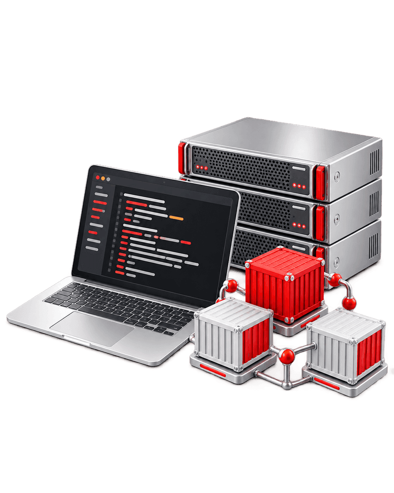 Laptop with Linux terminal, enterprise servers and connected containers