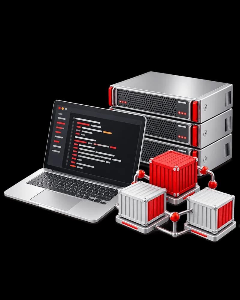 Linux server administration with a laptop, server rack and containers